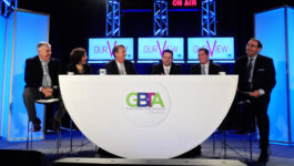 Duncan Bureau, VP, Global Sales for Air Canada (far left), and Lyell Farquharson, VP Sales & Business Development for WestJet (third from left), took part in a panel discussion at yesterday’s Global Business Travel Association conference in Toronto.