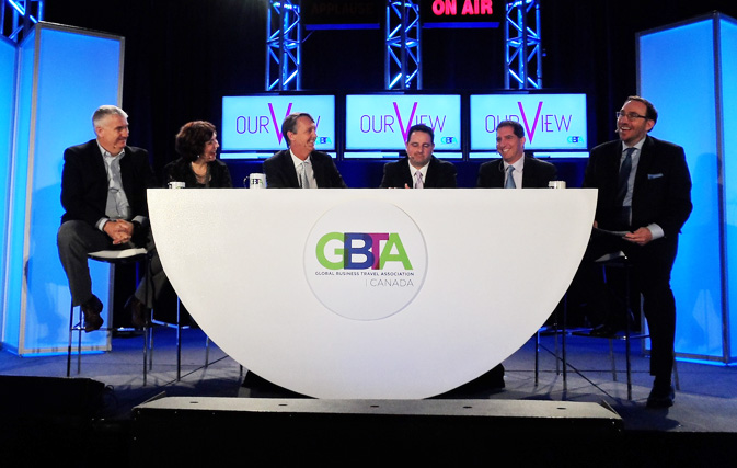 Duncan Bureau, VP, Global Sales for Air Canada (far left), and Lyell Farquharson, VP Sales & Business Development for WestJet (third from left), took part in a panel discussion at yesterday’s Global Business Travel Association conference in Toronto.