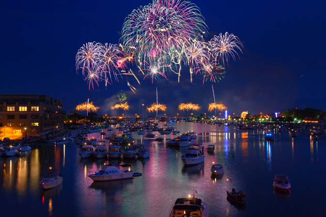 Fireworks explode in a glorious display over the Saginaw River at Bay City Michigan's annual fireworks show. 