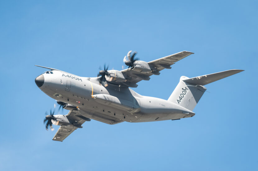 FARNBOROUGH, UK, JULY 18: Closeup of an Airbus A400M military and emergency aid transporter aircraft in low-level flight over Farnborough, Hampshire, UK on July 18, 2014