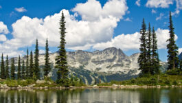 Mountain peaks reflecting off the water in nearby pond