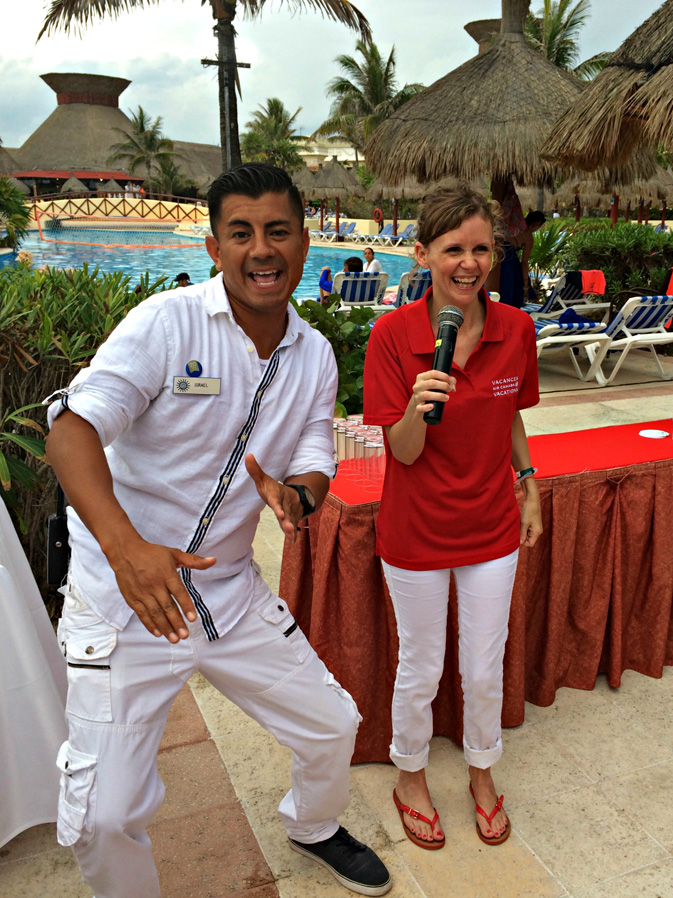 Christine Faulkner, national accounts support with Air Canada Vacations, kicks off a red-and-white party — and cocktail competition — after site inspections of Grand Bahia Principe Resorts in the Riviera Maya. Air Canada Vacations flew TTAND agents to Cancun on its leisure airline, Air Canada rouge.