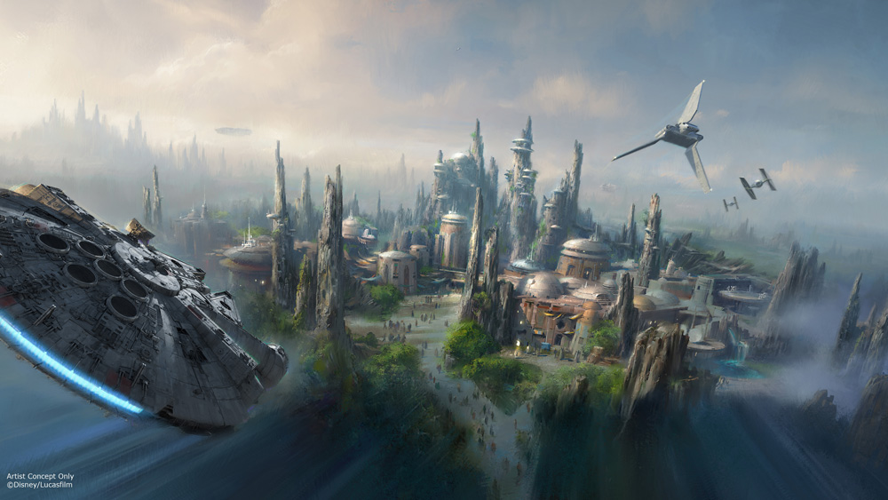 Star Wars-Themed Lands Coming to Disney Parks Ð Walt Disney Company Chairman and CEO Bob Iger announced at D23 EXPO 2015 that Star Wars-themed lands will be coming to Disneyland park in Anaheim, Calif., and DisneyÕs Hollywood Studios in Orlando, Fla., creating DisneyÕs largest single-themed land expansions ever at 14-acres each, transporting guests to a never-before-seen planet, a remote trading port and one of the last stops before wild space where Star Wars characters and their stories come to life.  These authentic lands will have two signature attractions, including the ability to take the controls of one of the most recognizable ships in the galaxy, the Millennium Falcon, on a customized secret mission, and an epic Star Wars adventure that puts guests in the middle of a climactic battle. (Disney Parks)