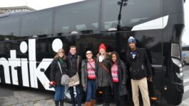 Canadian travel agents Kathryn Easson, Ian Kivell, Kate Berrisch, Contiki’s Sheralyn Berry, and travel agents Paige Johnson and Hassan Hashi in front of the newest Contiki coach)