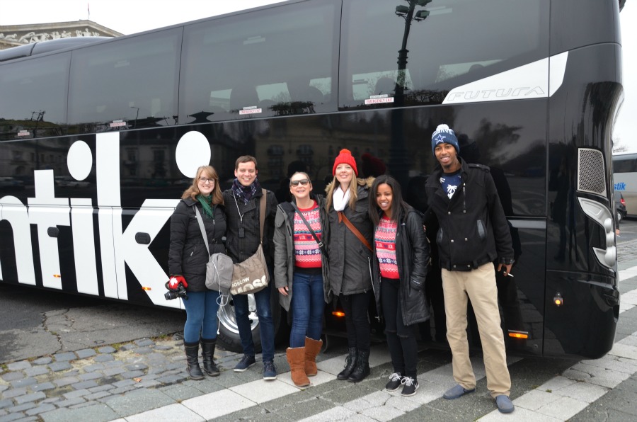 Canadian travel agents Kathryn Easson, Ian Kivell, Kate Berrisch, Contiki’s Sheralyn Berry, and travel agents Paige Johnson and Hassan Hashi in front of the newest Contiki coach)