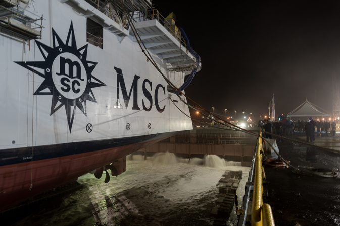 Water entering the dry dock where MSC Seaside is being built at Fincantieri