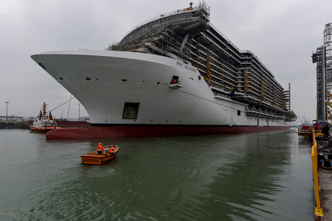 MSC Seaside being transferred to the wet dock at the Float Out event.
