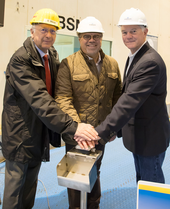 Norwegian Cruise Line Holdings Ltd. President and Chief Executive Officer Frank Del Rio (center) joins NCLH Executive Vice President of Vessel Operations Robin Lindsay (right) and MEYER WERFT Managing Partner Bernard Meyer (left)