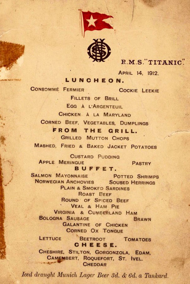 Grilled chops in 1st class, gruell in 3rd: These are Titanic’s actual menus