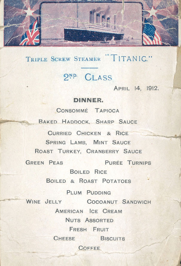 Grilled chops in 1st class, gruell in 3rd: These are Titanic’s actual menus