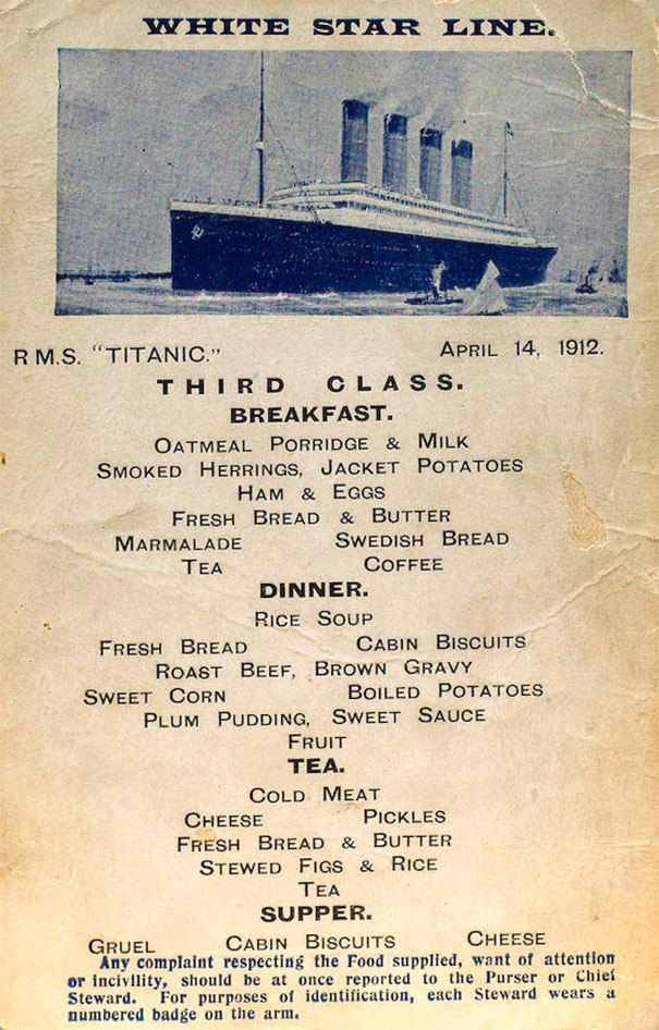 Grilled chops in 1st class, gruell in 3rd: These are Titanic’s actual menus