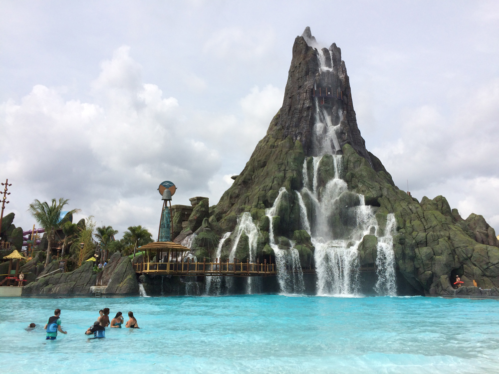 Krakatau volcano and Waturi Beach at Universal Orlando's Volcano Bay water theme park