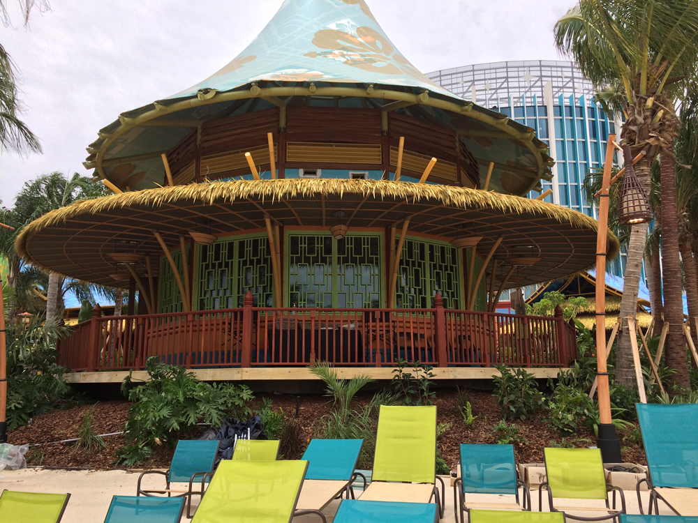 Guests staying at the new tower at Cabana Bay, seen here behind Krakatoa Katy's, have great views of Volcano Bay