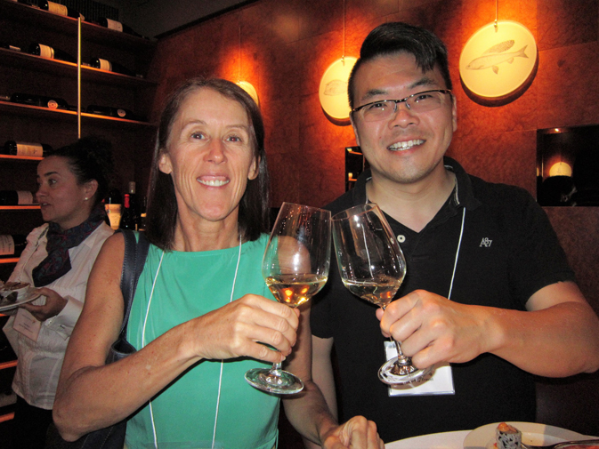 Goway’s Janette Purdham, a South Pacific specialist, and Vincent Tong, sales agent, sample Australian wines at a Tourism Australia industry update event held at the Blue Water Cafe in Vancouver's trendy Yaletown area.