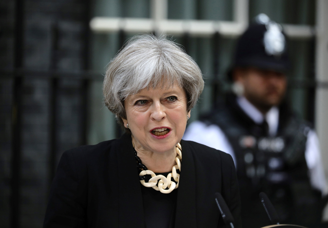 Britain's Prime Minister Theresa May speaks outside 10 Downing Street 