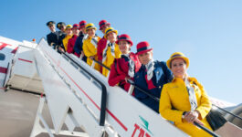 Flight crew and cabin crew onboard TAP's retro jet