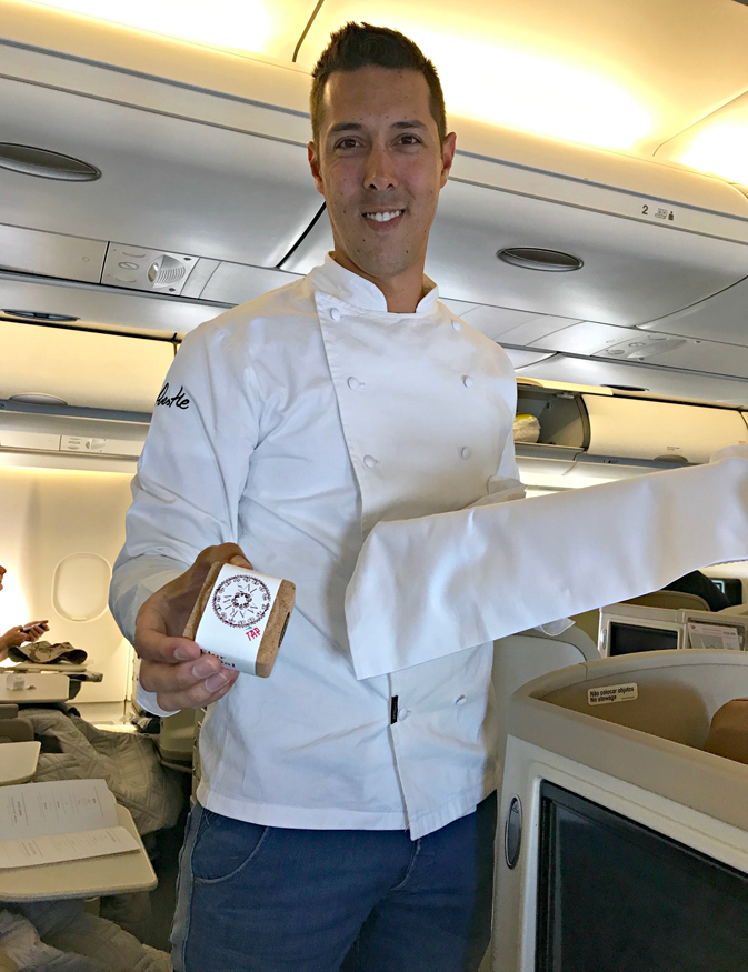 The flight included a surprise appearance by Michelin-starred Chef Rui Silvestre, who served up a take-home cork bottle of flor de sal to business-class passengers (the carrier is collaborating with six Michelin-starred chefs as part of its ‘Taste the Stars’ program).