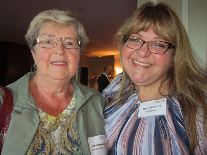 Rose Schwartz, right, director of sales support and training for Rail Europe, was on hand at the German National Tourism Office's Destination Germany Roadshow in Vancouver to tell agents about the single and multi-country rail passes that make Germany and neighboring countries easy to travel. With Schwartz is Rita Grzeskowiak, president of Cambie House of Travel. 