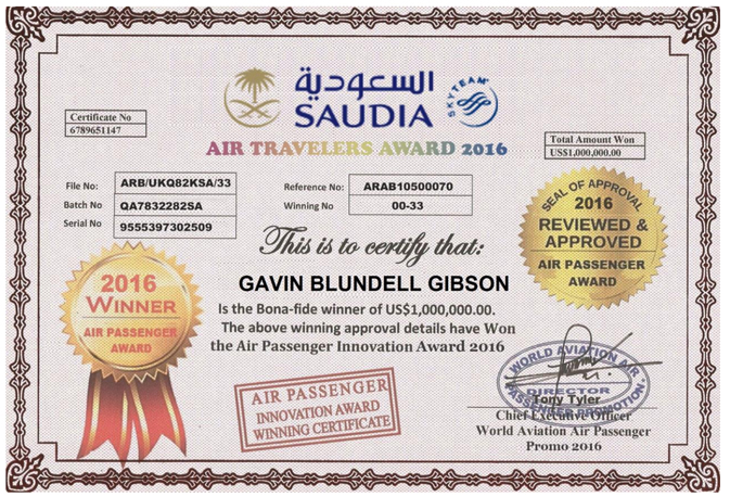 Example of a fraudulent prize certificate
