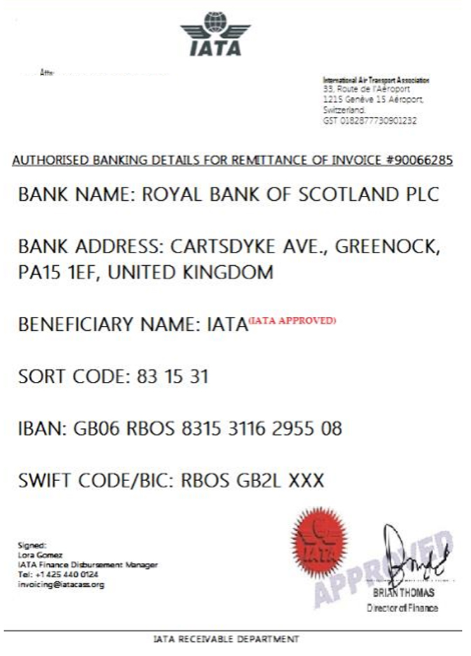 Examples of fraudulent invoices with false banking information