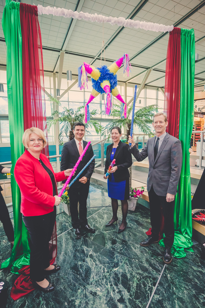 L-R: Berenice Diaz Ceballos, consulate general of Mexico; Julio Gamero, chief commercial officer for Interjet; Anne Murray, vice-president of marketing and communications for YVR; and Ty Speer, president and CEO of Tourism Vancouver. 