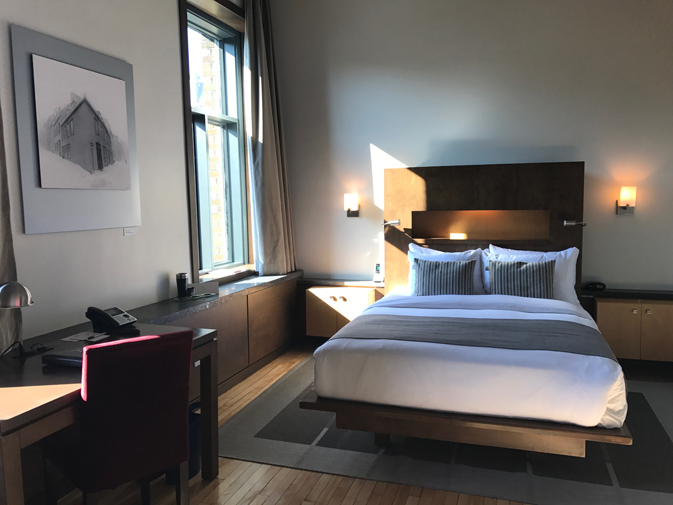 Hotel 71’s 60 contemporary rooms and suites offer 14-foot-high ceilings, plenty of natural light and mattresses made by local company Matelas Confort.
