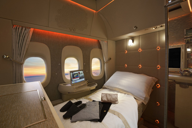 The new Boeing 777 First Class suite with virtual windows and an inspiration kit