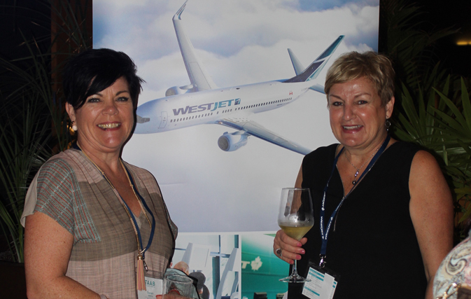 WestJet Travel Agent Advisory Board members Susan Doherty and Carolyn O¹Reilly at the welcome dinner at The Grand at Moon Palace