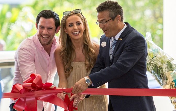 Sandals Royal Barbados' General Manager Fernand Zievinger welcomes Shaunagh and Thomas Anderson as the resort¹s first guests on Dec. 20, 2017