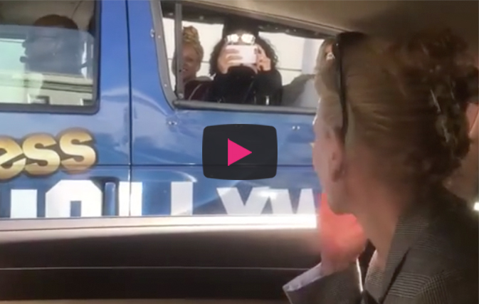 Tourists get the surprise of their lives when they roll up next to this celebrity on her way to the Oscars