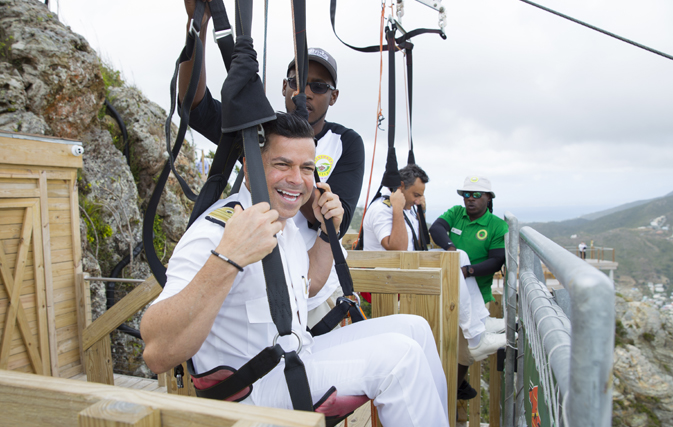 Carnival Sunshine hotel director, Freddy Esquivel gears up to ride the Flying Dutchman attraction at the new Rockland Estate eco-park attraction in St. Maarten. The Flying Dutchman is the world’s steepest zipline.